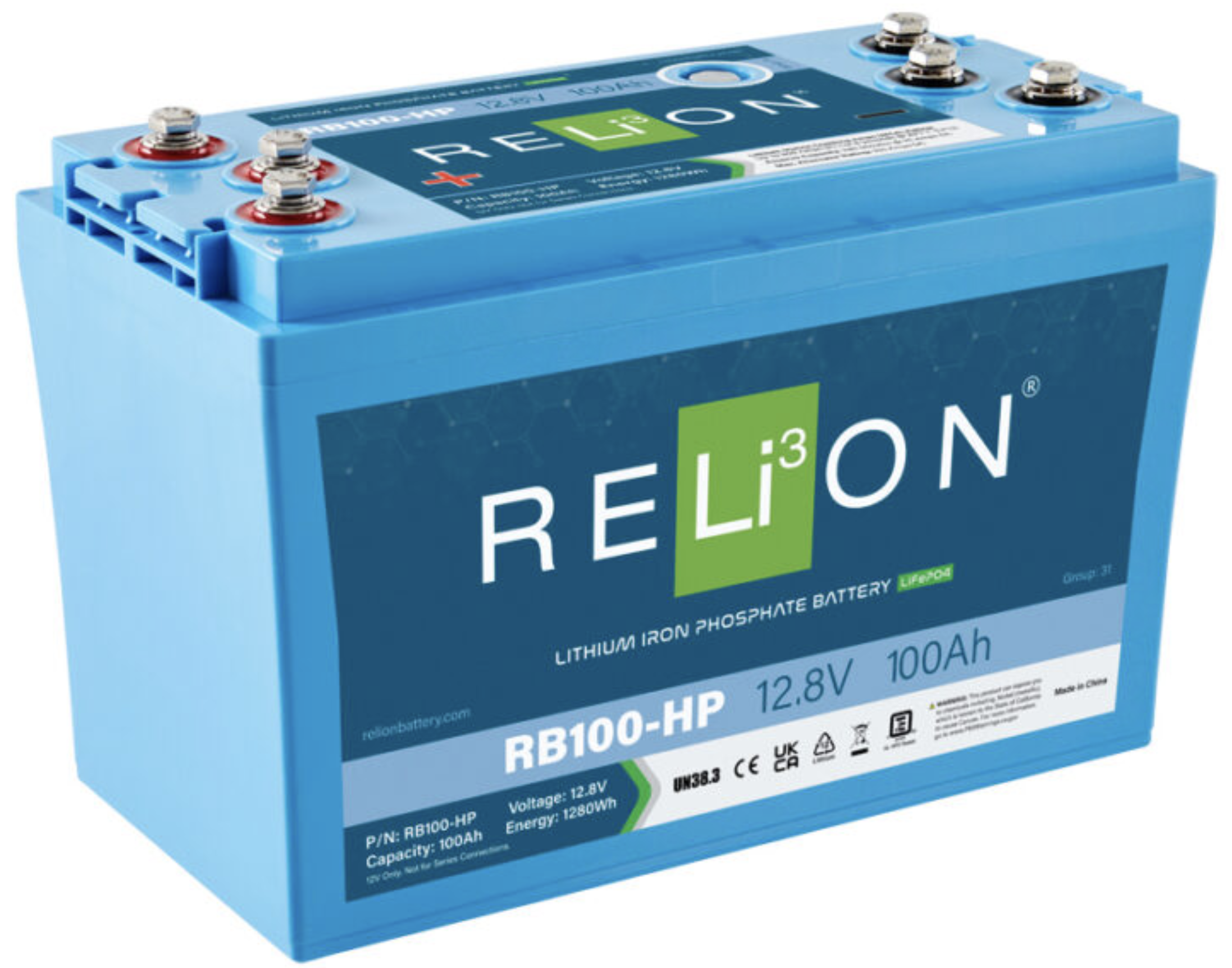 High Performance Lithium Deep Cycle Battery
RELiON's RB100-HP is a deep-cycle lithium-ion battery built for starting and cycling, with increased peak amps for starting motors, electric start generators and other high-amp-draw devices – plus, it doubles as a house battery, powering peripherals, accessories and more. The RB100-HP now includes six battery terminals versus the two on standard batteries, offering users more flexibility when connecting electronics to the battery.